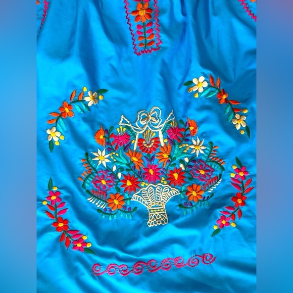 Embroidered Mexican Blue Tunic with Floral Design-SM - Picture 2 of 5